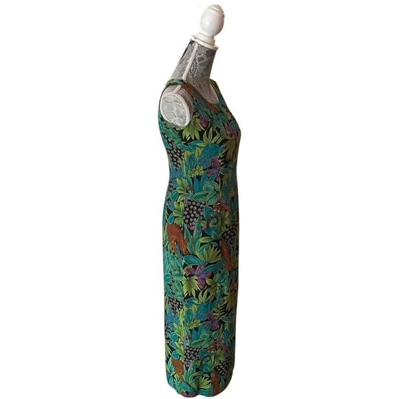 VINTAGE 90s Spenser Jeremy Leaves Jungle Animal Butterfly Print Silk Dress - Picture 2 of 8
